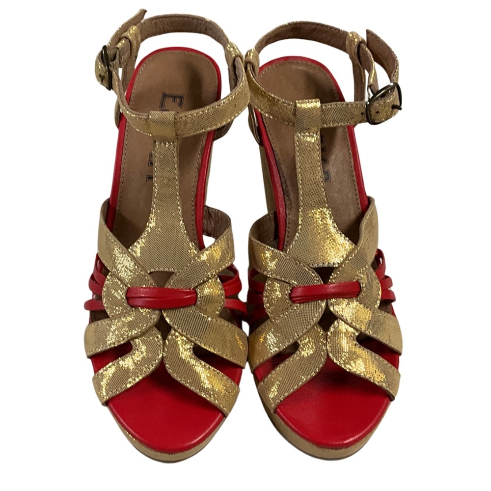 Esska Gold and Red Wedge Sandal, New in Box